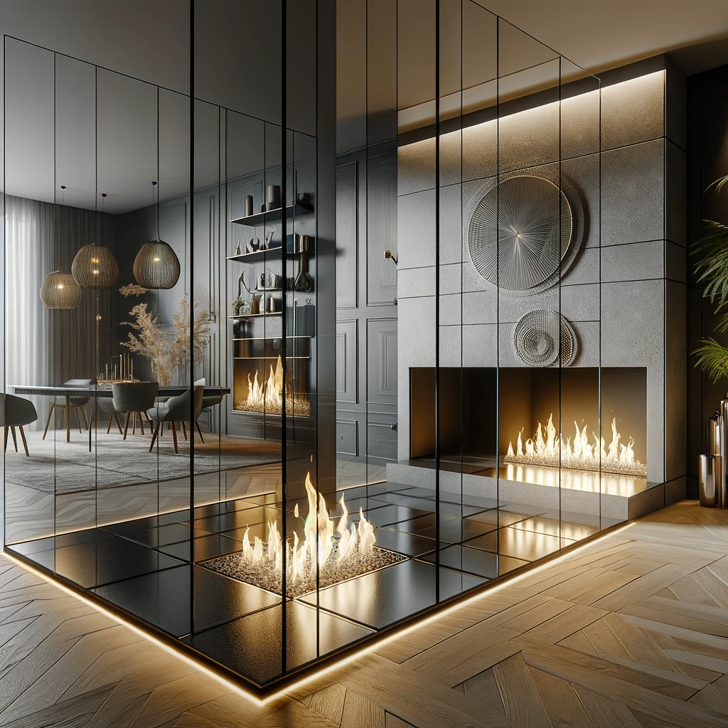 Idée de décoration d'une cheminée en verre au milieu d'un salon moderne